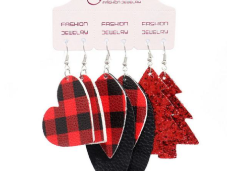 Red Buffalo Plaid Love Triple Earring Set Hot on Sale