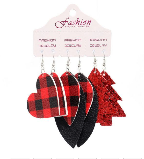 Red Buffalo Plaid Love Triple Earring Set Hot on Sale