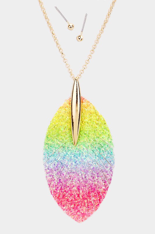 Rainbow Glitter Leaf Genuine Leather Necklace Set Discount