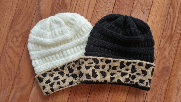 Black or Cream Cable Knit Leopard Trim Hat Online Sale