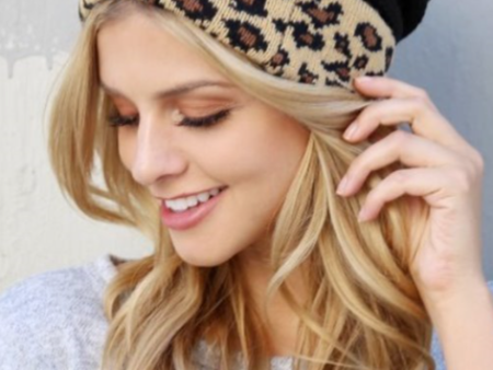 Black or Cream Cable Knit Leopard Trim Hat Online Sale