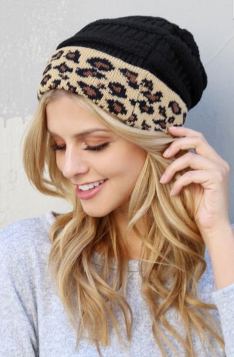 Black or Cream Cable Knit Leopard Trim Hat Online Sale