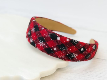 Red Buffalo Plaid Headband with Snowflakes For Sale