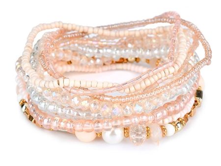 Pink & Cream Beaded Stretchy Bracelet Set Online Hot Sale