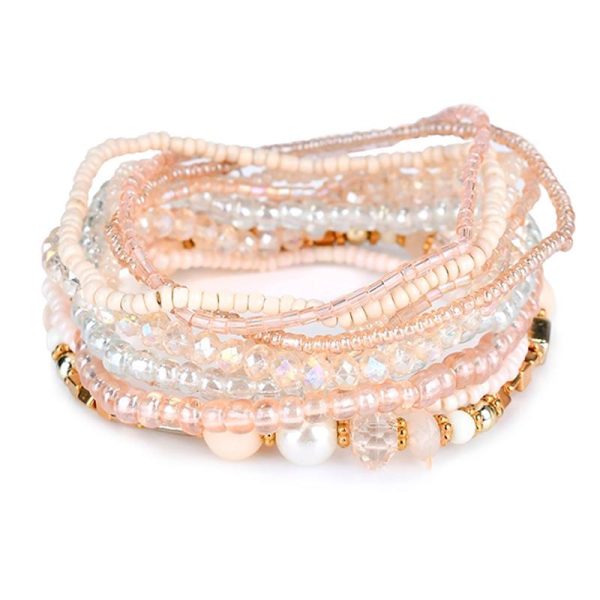 Pink & Cream Beaded Stretchy Bracelet Set Online Hot Sale